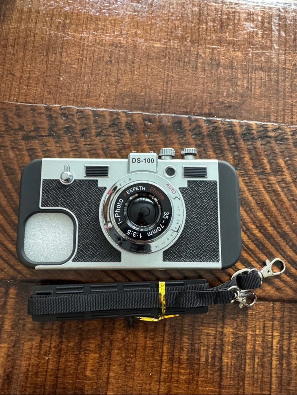 iPhone 15 Retro Camera Phone Case with Detachable Strap - Gray & Black